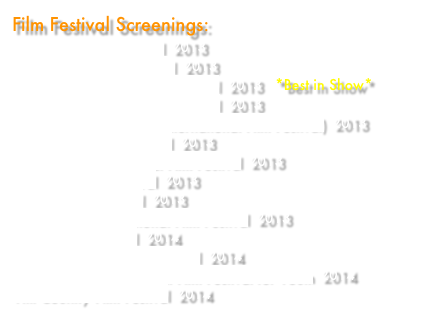 Film Festival Screenings:
Reel Shorts Film Festival  2013
Fastnet Short Film Festival  2013
Epiphany Children's Film Festival  2013   *Best in Show*
15 Minutes of Fame Film Festival  2013
KidsFilmFest (Brooklyn International Film Festival)  2013
Chesapeake Film Festival  2013
Edmonton International Film Festival  2013
Northeast Film Festival  2013
Yonkers Film Festival  2013
Anchorage International Film Festival  2013
Flagler Film Festival  2014
Love Your Shorts Film Festival  2014
Reel 2 Real International Film Festival for Youth  2014
Hill Country Film Festival  2014